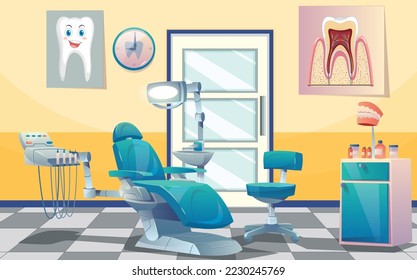 Dentist office, dental cabinet interior, empty doctor workplace with professional equipment for tooth care, patient transforming armchair, medical clinic room