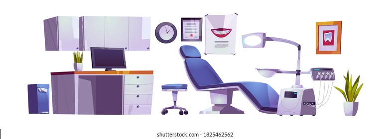 Dentist office, dental clinic practice room interior set, stomatology cabinet, orthodontist workplace with modern chair equipped with integrated engine, surgical light unit cartoon vector illustration