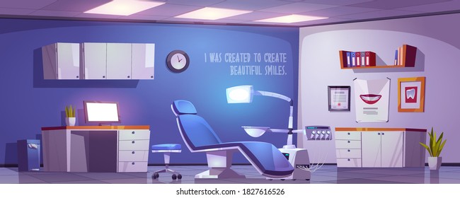 Dentist office, dental clinic practice room interior, stomatology cabinet, orthodontist workplace with modern chair equipped with integrated engine and surgical light unit, cartoon vector illustration