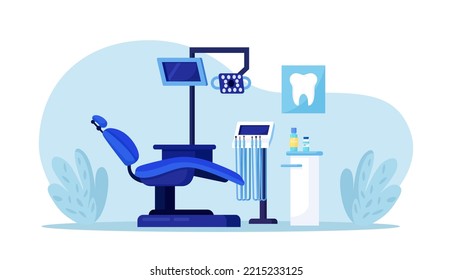 Zahnarztbüro. Zahnheizung mit Zahnstuhl, Lampe, Bohrmaschine, Instrument zur Zahnbehandlung. Krankenhausinnenraum. Stomatologie-Dienst. Klinikkabinett, Kieferorthopäden praktizieren am Arbeitsplatz