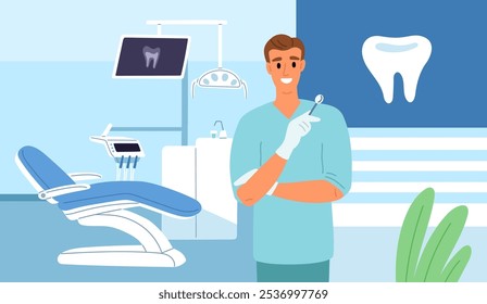 Dentista no escritório. Médico com ferramentas estomatológicas. Cadeira profissional. Instantâneo de dente dolorido. Cuidados orais. Tratamento molar. Consulta dentária. Gabinete do hospital. Garish