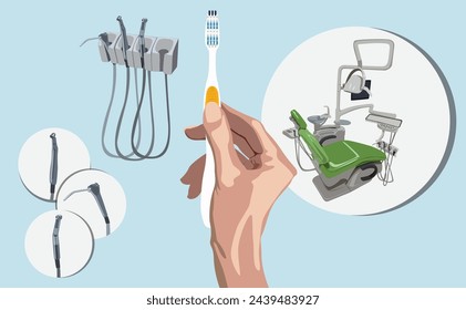 Dentist office equipment and hand holding toothpaste brush.