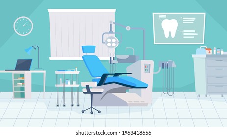 Dentist office interior, banner in flat cartoon design. Dental chair, medical equipment for stomatology treatment, workstation with computer, orthodontic tools. Vector illustration of web background