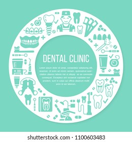 Dentist office, orthodontics blue medical circle banner with vector line icon of dental care equipment, braces tooth prosthesis, veneers, floss. Healthcare poster silhouette signs dentistry clinic.