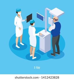 Dentist office x ray ct scan isometric composition with medical technician assistant patient blue background vector illustration 