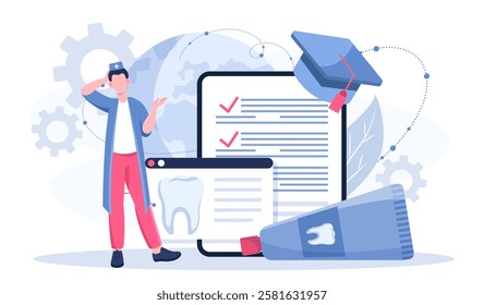 Dentist online concept. Man in medical uniform near photo of tooth and toothpaste. Healthcare and medicine. Diagnosis and treatment. Dentistry and stomatology. Flat vector illustration