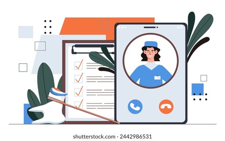 Dentist online concept. Woman in medical uniform with brush at paste. Healthcare and medicine, treatment. Oral hygiene and cleanliness. Poster or banner. Cartoon flat vector illustration