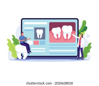 Dentist online consultation concept. Dentist online service and platform, Medical dental clinic with small people. Online appointment, Dental care. Vector illustration in a flat style