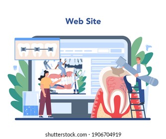 Dentist online service or platform. Dental doctor in uniform treating human teeth using medical equipment. Idea of dental and oral care. Website. Flat vector illustration