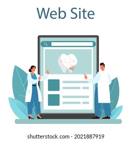 Dentist online service or platform. Dental doctor in uniform treating human teeth. Oral care and caries treatment. Website. Flat vector illustration