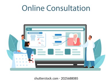 Dentist online service or platform. Dental doctor in uniform treating human teeth. Oral care and caries treatment. Online consultation. Flat vector illustration