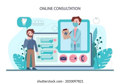 Dentist online service or platform. Dental doctor in uniform treating human teeth. Oral care. and caries treatment. Online consultation. Flat vector illustration