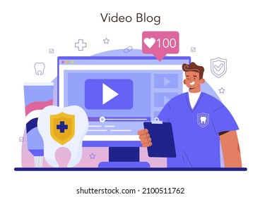 Dentist online service or platform. Dental doctor in uniform treating human teeth. Dental care and caries treatment. Video blog. Flat vector illustration