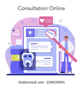 Dentist Online Service Or Platform. Dental Doctor In Uniform Treating Human Teeth. Dental Care And Caries Treatment. Online Consultation. Flat Vector Illustration