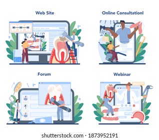 Dentist online service or platform set. Dental doctor in uniform treating human teeth using medical equipment. Online consultation, forum, webinar, website. Flat vector illustration