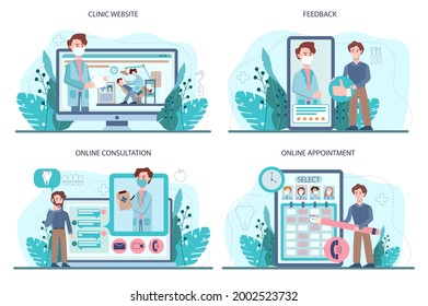 Servicio en línea o conjunto de plataformas para dentistas. Médico dental en uniforme que trata dientes humanos. Atención oral. y tratamiento de caries. Cita en línea, consulta, sitio web, comentarios. Ilustración vectorial plana