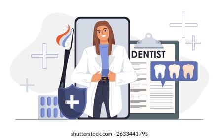 Serviço online de dentista. Mulher em uniforme médico no smartphone perto de escova de dentes com pasta de dente. Saúde e medicina. Diagnóstico e tratamento. Ilustração de vetor plano