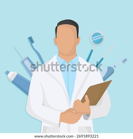 Dentist and oral hygiene tools including toothbrush, electric brush, toothpaste, irrigator for Happy Dentist Day