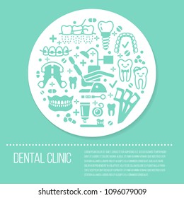 Dentist, orthodontics blue medical banner with vector glyph icons. Dental care equipment, braces, tooth prosthesis, veneers, floss, caries treatment. Health poster silhouette signs dentistry clinic.