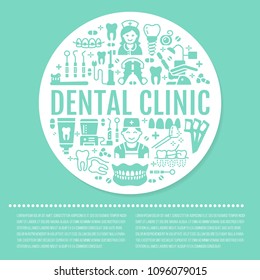 Dentist, orthodontics blue medical banner with vector line icon of dental care equipment, braces tooth prosthesis, veneers, floss caries treatment. Healthcare poster silhouette signs dentistry clinic.