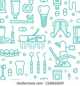 Dentist, orthodontics blue seamless pattern with line icons. Dental care, medical equipment, braces, tooth prosthesis, floss, caries treatment, toothpaste. Health care background for dentistry clinic.