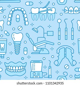 Dentist, orthodontics blue seamless pattern with line icons. Dental care, medical equipment, braces, tooth prosthesis, floss, caries treatment, toothpaste. Health care background for dentistry clinic.