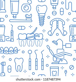 Dentist, orthodontics blue seamless pattern with line icons. Dental care, medical equipment, braces, tooth prosthesis, floss, caries treatment, toothpaste. Health care background for dentistry clinic.