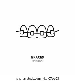 Dentist, orthodontics line icon of braces, teeth alignment. Dental care equipment sign, medical elements. Health care thin linear symbol for dentistry clinic.