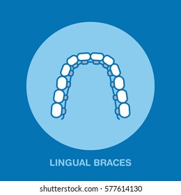 Dentist, orthodontics line icon of lingual braces, teeth alignment. Dental care equipment sign, medical elements. Health care thin linear symbol for dentistry clinic