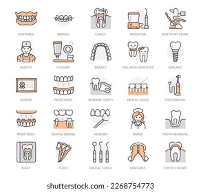 Iconos de línea dentista, ortodoncia. Equipo de cuidado dental, cepas, implante dental, venas, cepillo de dientes, tratamiento de caries. Atención de la salud clínica dental de signos lineales delgados. Color naranja. Stroke Editable