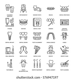 Dentist, orthodontics line icons. Dental care equipment, braces, tooth prosthesis, veneers, floss, caries treatment and other medical elements. Health care thin linear signs for dentistry clinic