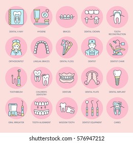 Dentist, orthodontics line icons. Dental care equipment, braces, tooth prosthesis, veneers, floss, caries treatment and other medical elements. Health care thin linear signs for dentistry clinic