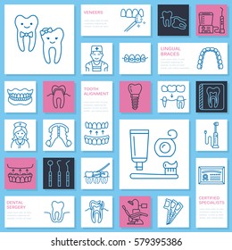 Dentist, orthodontics line icons. Dental care equipment, braces, tooth prosthesis, veneers, floss, caries treatment and other medical elements. Health care thin linear signs for dentistry clinic.