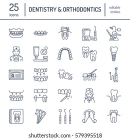Dentist, Orthodontics Line Icons. Dental Care Equipment, Braces, Tooth Prosthesis, Veneers, Floss, Caries Treatment And Other Medical Elements. Health Care Thin Linear Signs For Dentistry Clinic.