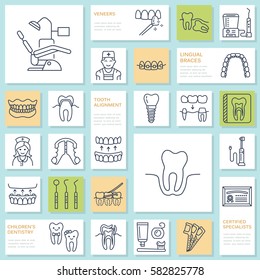 Dentist, orthodontics line icons. Dental care equipment, braces, tooth prosthesis, veneers, floss, caries treatment and other medical elements. Health care thin linear signs for dentistry clinic.