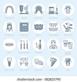 Dentist, orthodontics line icons. Dental care equipment, braces, tooth prosthesis, veneers, floss, caries treatment and other medical elements. Health care thin linear signs for dentistry clinic.