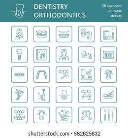 Dentist, orthodontics line icons. Dental care equipment, braces, tooth prosthesis, veneers, floss, caries treatment and other medical elements. Health care thin linear signs for dentistry clinic.