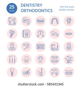 Dentist, orthodontics line icons. Dental care equipment, braces, tooth prosthesis, veneers, floss, caries treatment and other medical elements. Health care thin linear signs for dentistry clinic.