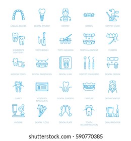 Dentist, orthodontics line icons. Dental care equipment, braces, tooth prosthesis, veneers, floss, caries treatment and other medical elements. Health care thin linear signs for dentistry clinic.