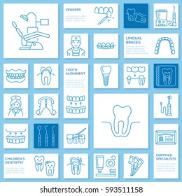 Dentist, orthodontics line icons. Dental care equipment, braces, tooth prosthesis, veneers, floss, caries treatment and other medical elements. Health care thin linear signs for dentistry clinic