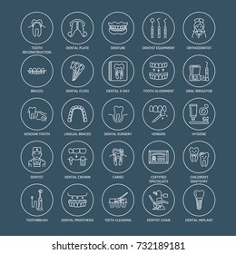 Dentist, orthodontics line icons. Dental care equipment, braces, tooth prosthesis, veneers, floss, caries treatment and other medical elements. Health care thin linear signs for dentistry clinic.