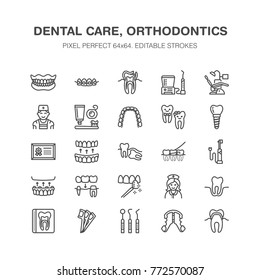 Dentist, orthodontics line icons. Dental equipment, braces, tooth prosthesis, veneers, floss, caries treatment medical elements. Health care thin linear signs for dentistry clinic Pixel perfect 64x64.