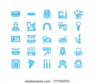 Dentist, orthodontics line icons. Dental equipment, braces, tooth prosthesis, veneers, floss, caries treatment medical elements. Health care thin linear signs for dentistry clinic Pixel perfect 64x64.