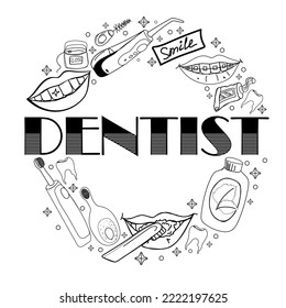 Dentist, Orthodontics medical banner with circular vector icon of dental equipment, braces, dentures, veneers, dental floss, cavity treatment. Healthcare thin linear poster for dental clinic.