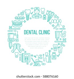 Dentist, orthodontics medical banner with vector line icon of dental care equipment, braces, tooth prosthesis, veneers, floss, caries treatment. Health care thin linear poster for dentistry clinic.