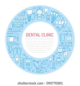 Dentist, orthodontics medical banner with vector line icon of dental care equipment, braces, tooth prosthesis, veneers, floss, caries treatment. Health care thin linear poster for dentistry clinic.