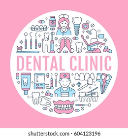 Dentist, orthodontics medical banner with vector line icon of dental care equipment, braces, tooth prosthesis, veneers, floss, caries treatment. Health care thin linear poster for dentistry clinic.