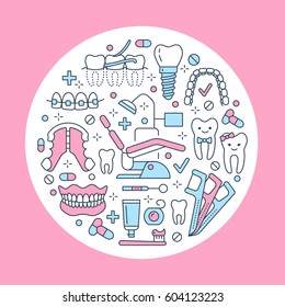 Dentist, orthodontics medical banner with vector line icon of dental care equipment, braces, tooth prosthesis, veneers, floss, caries treatment. Health care thin linear poster for dentistry clinic.