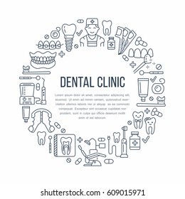 Dentist, orthodontics medical banner with vector line icon of dental care equipment, braces, tooth prosthesis, veneers, floss, caries treatment. Health care thin linear poster for dentistry clinic.