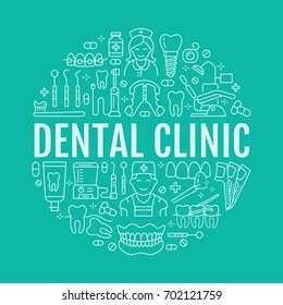 Dentist, orthodontics medical banner with vector line icon of dental care equipment, braces, tooth prosthesis, veneers, floss, caries treatment. Healthcare thin linear poster for dentistry clinic.